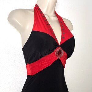 Body Central COLORBLOCK Stud HALTER TOP Ari Gravy RED Rhinestone Young Necklace